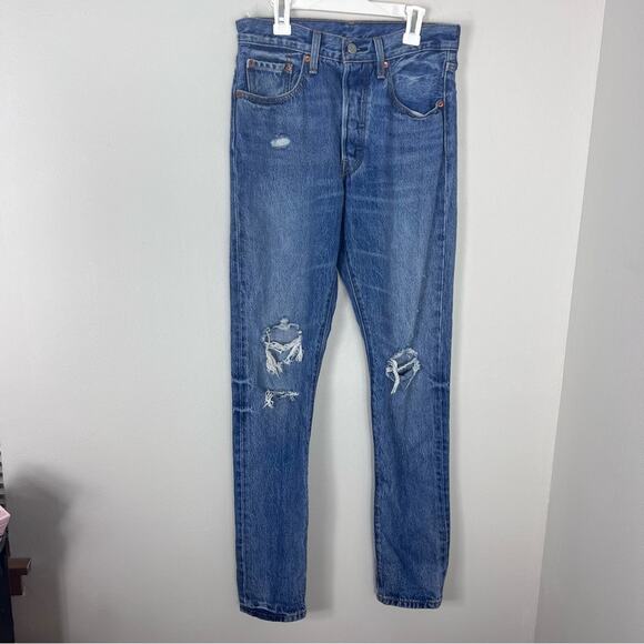 Levi’s 501 Skinny Straight Jeans Distressed Ripped Denim - Picture 2 of 11